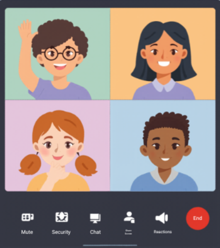 Four children learning together in a small-group class on Zoom